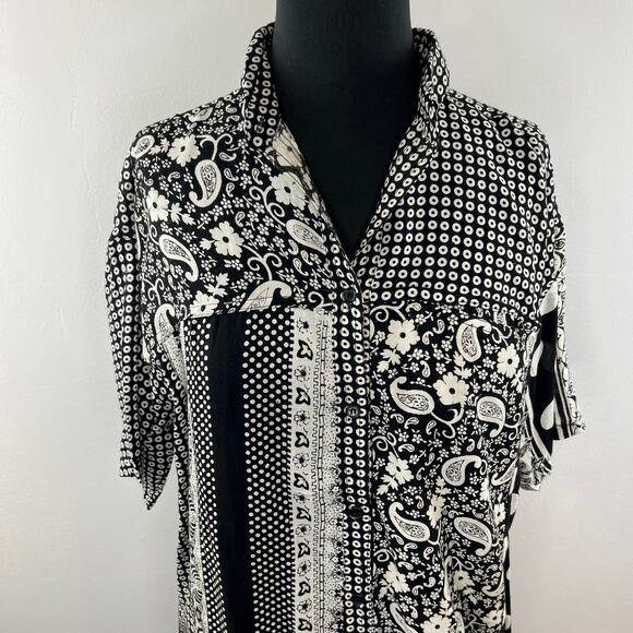 VTG SPORTIQUE Black White Mixed Print Short Sleeve Button Down Shirt Size S NEW - Picture 2 of 6